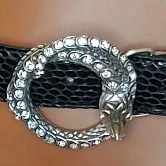 Brighton Black Snakeskin Belt Vtg USA Silver Snake Buckle Rhinestones Bling